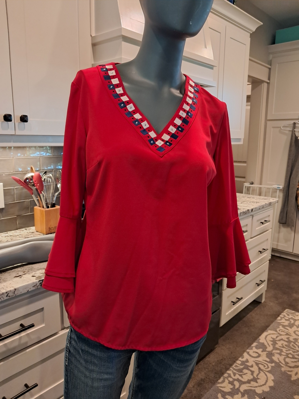 Peter Nygard Red V-Neck Embellished Bell-Sleeve Blouse